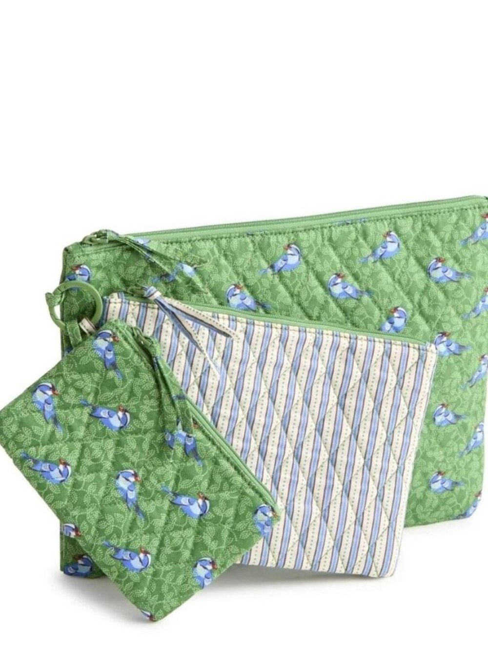 Vera Bradley birds on green background quilted set of 3 pouches bags zipper #bir